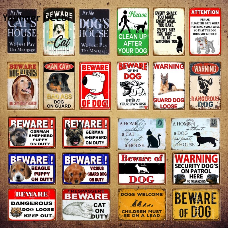 Vintage โลหะดีบุกป้ายคําเตือนความสนใจสุนัขระวัง Retro Shabby Guard Plaque Home Decor Wall Art Cuadro