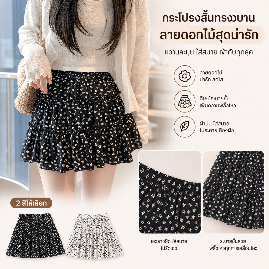 [จัดส่งจากไทย] Fulllove แฟชั่นกระโปรงเอวสูงสไตล์ผู้หญิงเวอร์ชั่นเกาหลีดอกไม้ลายจุดเอวยางยืดขนาดใหญ่ทุกการแข่งขัน