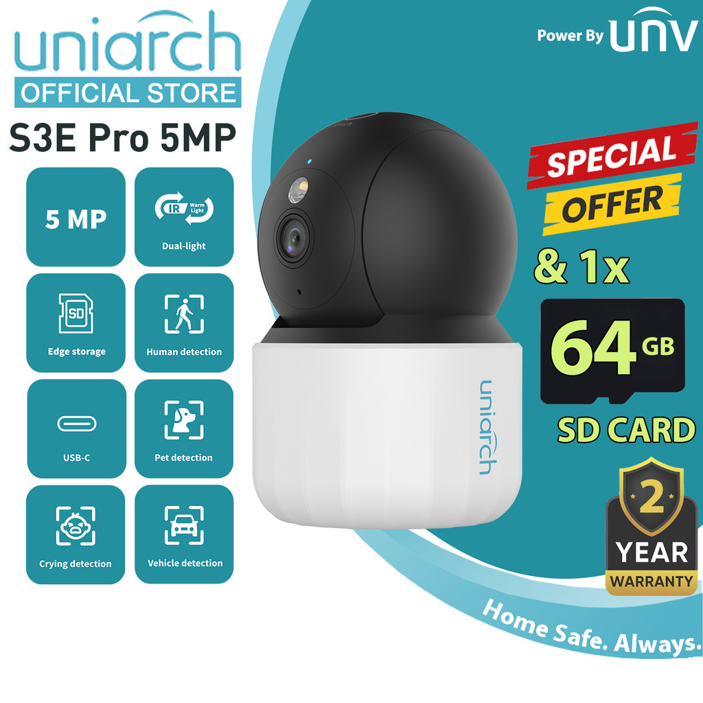 Uniarch S3E Pro 5MP H.265 IR Night Vision Two Way Talk Home Security กล้องวงจรปิดในร่มโดย UNV + 64GB
