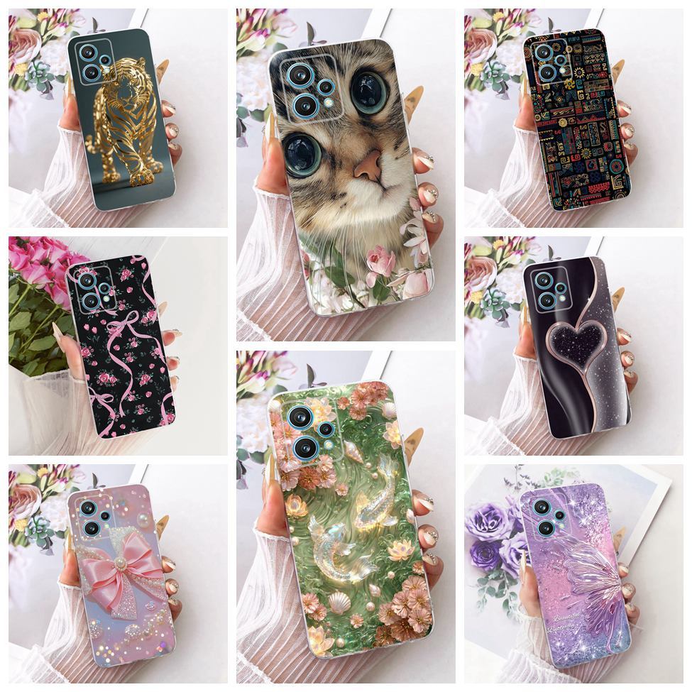 สําหรับRealme 9 Pro Plus RMX3392 RMX3393 สําหรับRealme 9 4G RMX3521 กรณีClearแมวน่ารักหรูหราดอกไม้Co