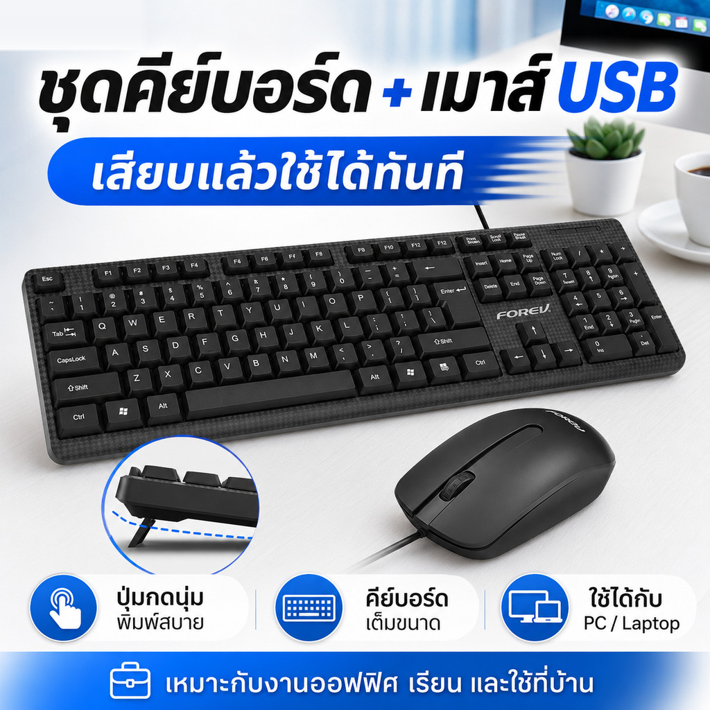 ชุดคีย์บอร์ดพร้อมเมาส์แบบมีสาย USB คีย์บอร์ดเต็มขนาดมีแป้นตัวเลข สำหรับ PC โน้ตบุ๊ก งานออฟฟิศ เรียนออนไลน์ ใช้ที่บ้าน