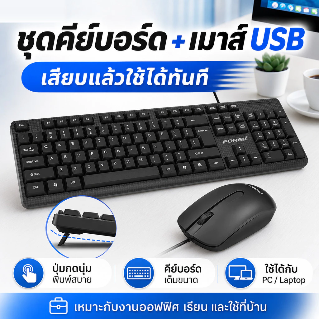 ชุดคีย์บอร์ดพร้อมเมาส์แบบมีสาย USB คีย์บอร์ดเต็มขนาดมีแป้นตัวเลข สำหรับ PC โน้ตบุ๊ก งานออฟฟิศ เรียนออนไลน์ ใช้ที่บ้าน