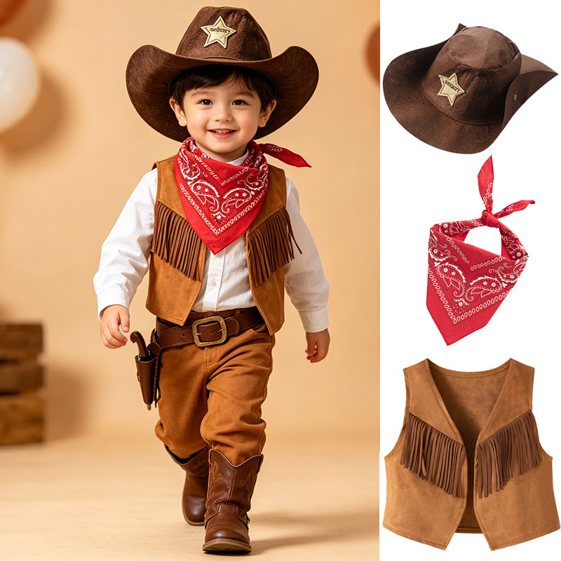 ฮาโลวีน Terno สําหรับเด็กเด็กเครื่องแต่งกายคอสเพลย์ Western คาวบอยหมวก Bandana Fringed เสื้อกั๊กของเล่น Story Woody เครื่องแต่งกายชุดแฟนซีบทบาทเล่นเครื่องแต่งกาย