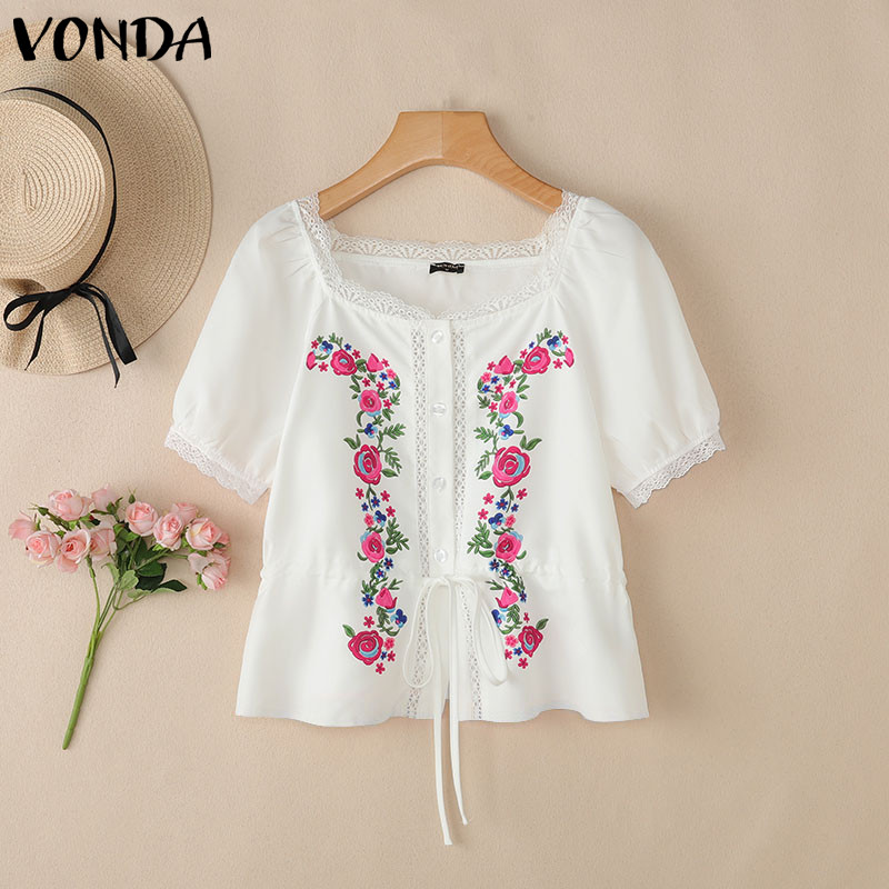 VONDA ผู้หญิงเกาหลีโรแมนติกวันหยุดสไตล์สแควร์คอพัฟแขน Tie-Up ดอกไม้พิมพ์เสื้อหวาน — صورة 7