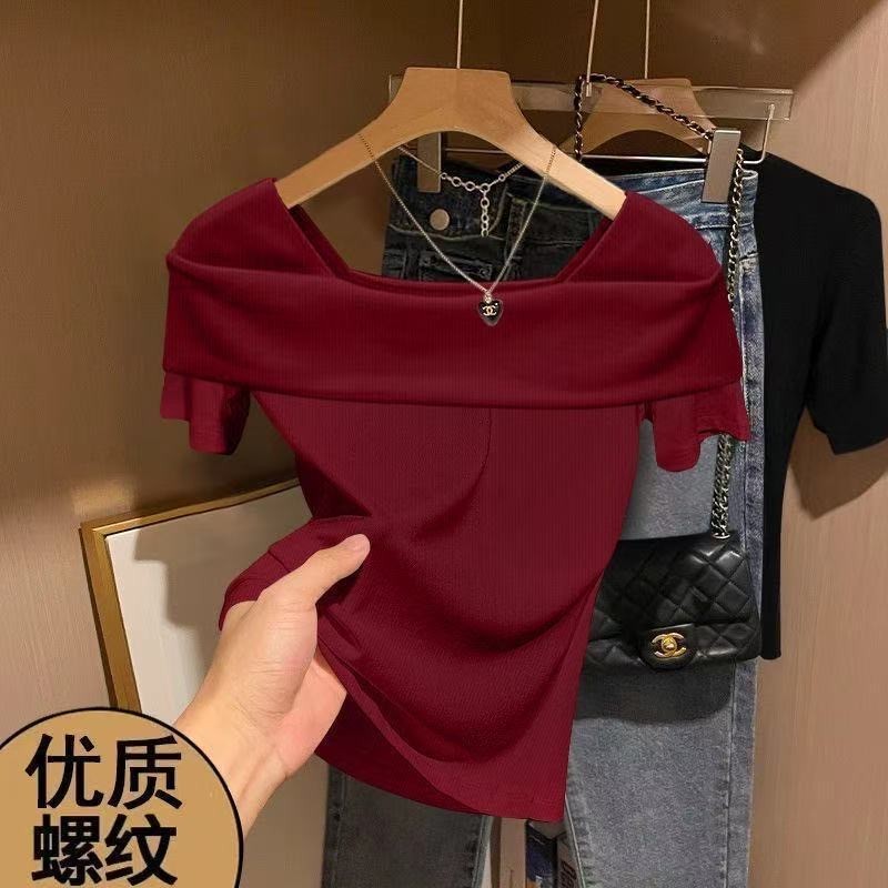 230g ผ้าไหมน้ําแข็ง Ribbed สีทึบครอบคลุมเนื้อแขนสั้นสาวร้อนไหล่เดียว Bottoming เสื้อยืดแฟชั่น Slim-fit Slimmer ดู