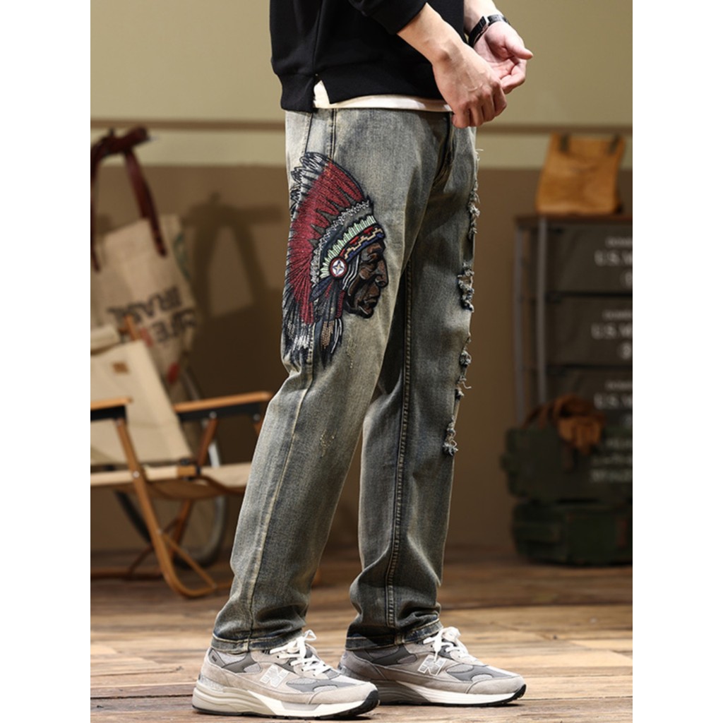 Hong Kong High-End กางเกงยีนส์ปักผู้ชาย Ripped Straight Slim-fit ยืด Nostalgic Plus