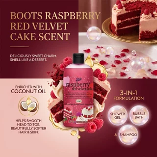 BOOTS FLAVOURบู๊ทส์ ราสป์เบอร์รี่ เรด เวลเวท เค้ก ชาวเวอร์ เจล, บับเบิ้ล บาธ แอนด์ แชมพู 500มล.