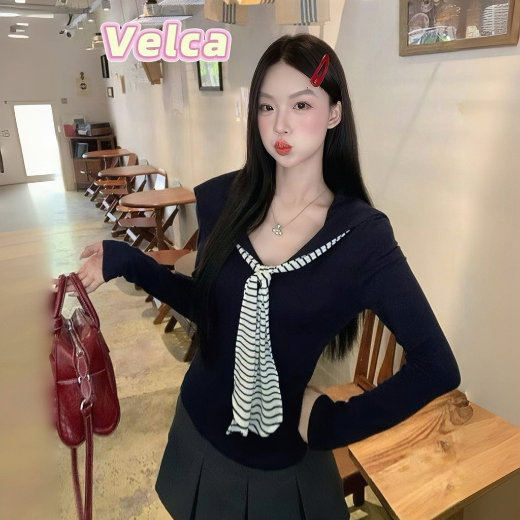 ส่งจากไทยทุกวัน เสื้อเชิ้ตแขนยาว เสื้อคอปก  ผูกโบว์ลายทาง ทรงเข้ารูปช่วงเอว ผ้าเนื้อนุ่ม🍒Velca