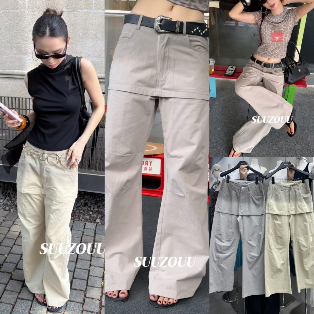 ❤ 🧵 🇰🇷 SU363 กางเกงขายาวทรงกระบอกแต่งกระโปรงซ้อน (Skirt Layered Wide Leg Pants) แฟชั่นเกาหลี TAG MM Fish 🧡
