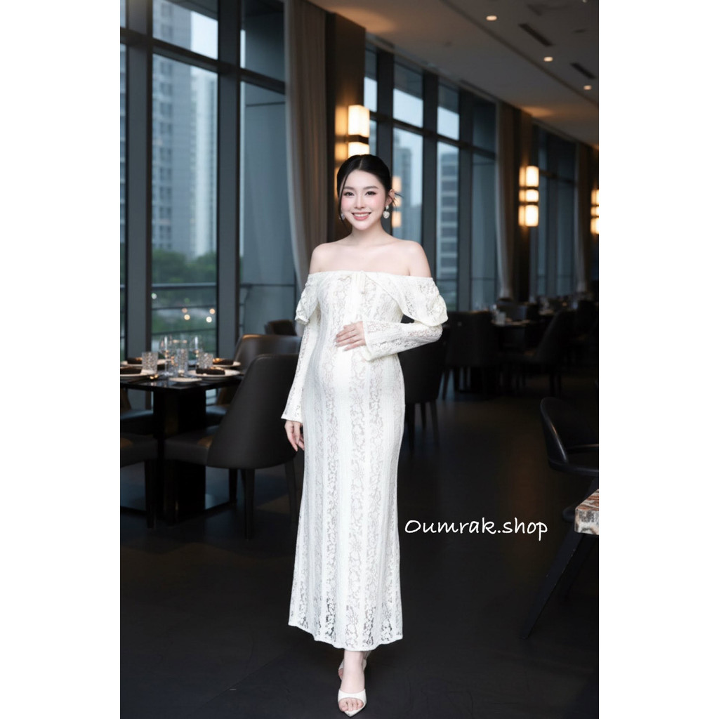 VN041 (ส่งด่วน/ส่งทันที) เดรสสไตล์สาวเวียดนาม ผ้าลูกไม้ ใส่เปิดไหล่เป็นยางยืด ปลายแขนกระดิ่ง ใส่ออกงานคือสวย (งานแฟชั่น)