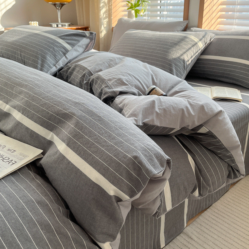 100% cotton washed cotton duvet cover, single-piece stylish plaid bed sheet set, pure cotton gray du