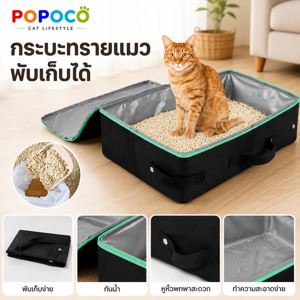 【POPOCO】กระบะทรายแมวพกพา กระบะทรายแมวพับได้ กระบะทรายแมว กันน้ำ100% กระบะทรายแมวเดินทาง พับเก็บง่าย Portable Cat Litter