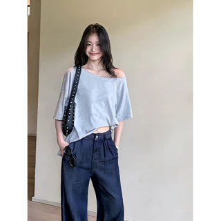 ส่งไวจากไทย เสื้อยืดแขนสั้น คอกว้าง ปาดไหล่ได้ สีพื้น ผ้านิ่มใส่สบาย มีสีให้เลือกมากมาย สายเกาหลี