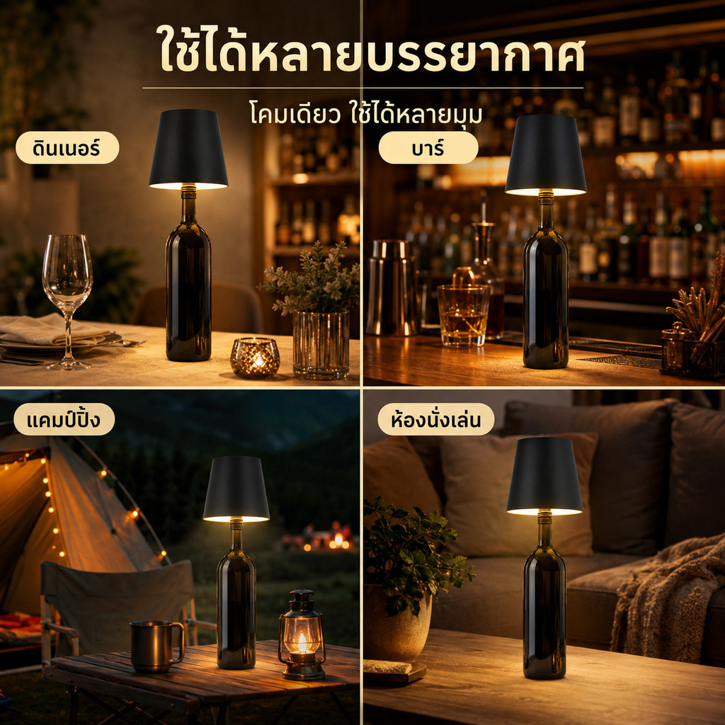พร้อมส่ง🔥โคมไฟขวดไวน์LEDไร้สาย ชาร์จ USB สัมผัส 3สี ปรับแสงได้ กันน้ำ IP54ตกแต่งบ้าน ร้านอาหาร บาร์ เพิ่มบรรยากาศอบอุ่น