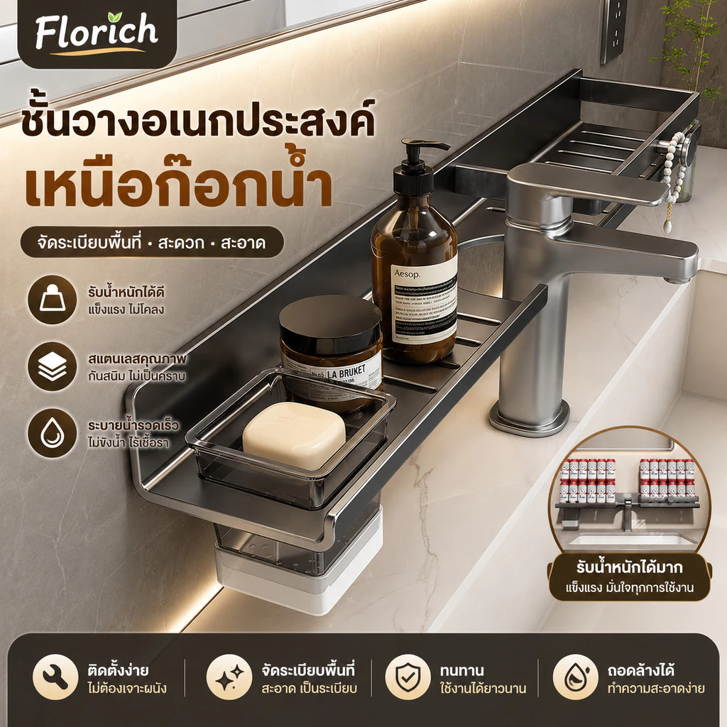 ส่งจากไทย🚚ชั้นวางของห้องน้ำ 2026 ไม่ต้องเจาะผนัง ติดตั้งด้วยแผ่นดูด แรงดูดสูงมาก รับน้ำหนักได้มาก ชั้นเก็บของโซนล้างมือ