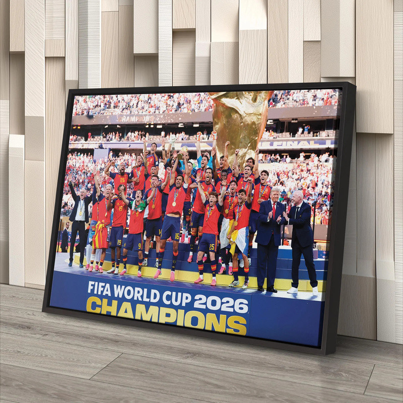 สเปน FIFA World Cup 2026 Champions Canvas Wall Art, โปสเตอร์แชมเปี้ยนส์ฟุตบอล, ของขวัญแฟนฟุตบอล, สนามฉลองพิมพ์, ตกแต่งกรอบ
