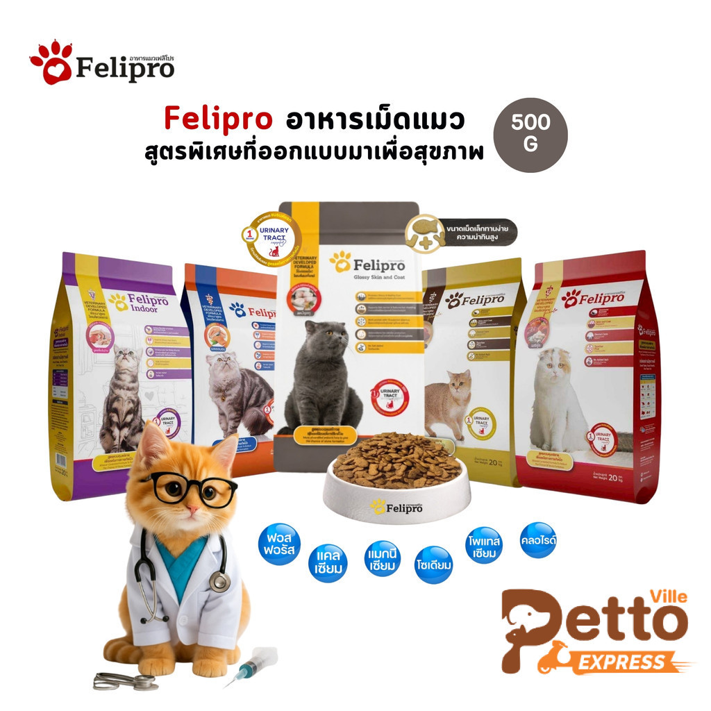 Felipro เฟลิโปร อาหารเม็ดแมว สูตรพิเศษที่ออกแบบมาเพื่อสุขภาพที่ดีของแมวทุกสายพันธุ์ ขนาด 500 กรัม