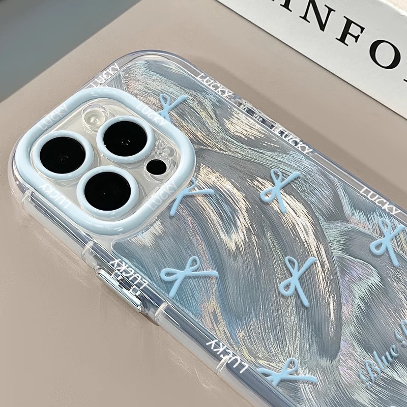 ขายร้อน/โบว์สีฟ้าเหมาะสําหรับ Apple 16PROMAX เคสโทรศัพท์ iPhone15Plus Soft Case 14 Small Fresh 13 Fu