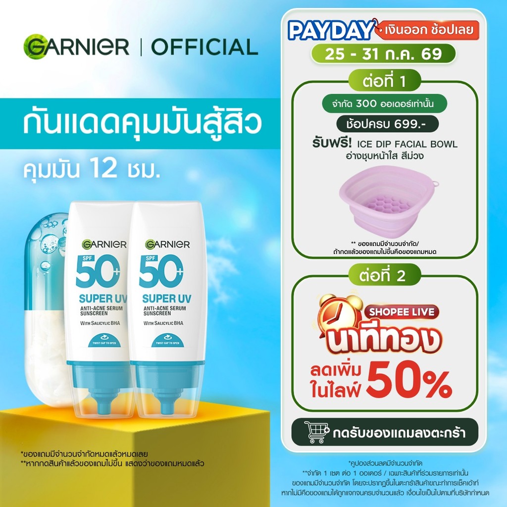 ใหม่! การ์นิเย่ ซูเปอร์ ยูวี แอนตี้-แอคเน่ เซรั่ม ซันสกรีน 30มล.x2 GARNIER SUPER UV ANTI-ACNE SERUM SUNSCREEN 30mlx2