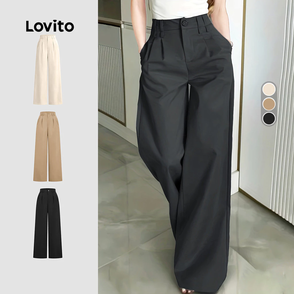 Lovito แคชชวล กางเกงลําลองผู้หญิง สีเทาเข้ม ทรงซิป กระดุม ดีไซน์คลาสสิก เหมาะสําหรับฤดูใบไม้ผลิและฤดูร้อน L34LD052