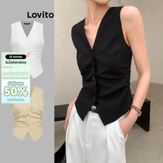 Lovito เสื้อกล้ามลําลอง เสื้อสายเดี่ยวกระดุมหน้าจับจีบสีพื้นสําหรับผู้หญิง L65ED049 (หลากสี)