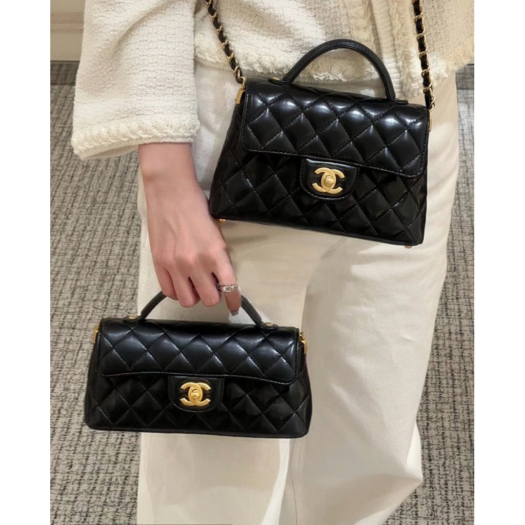 ใหม่ 26P แนวตั้ง kelly Full Glossy Lamb แบบพกพา kelly กระเป๋าหญิงกระเป๋าสีดําไหล่ Crossbody ที่ไม่ซ้