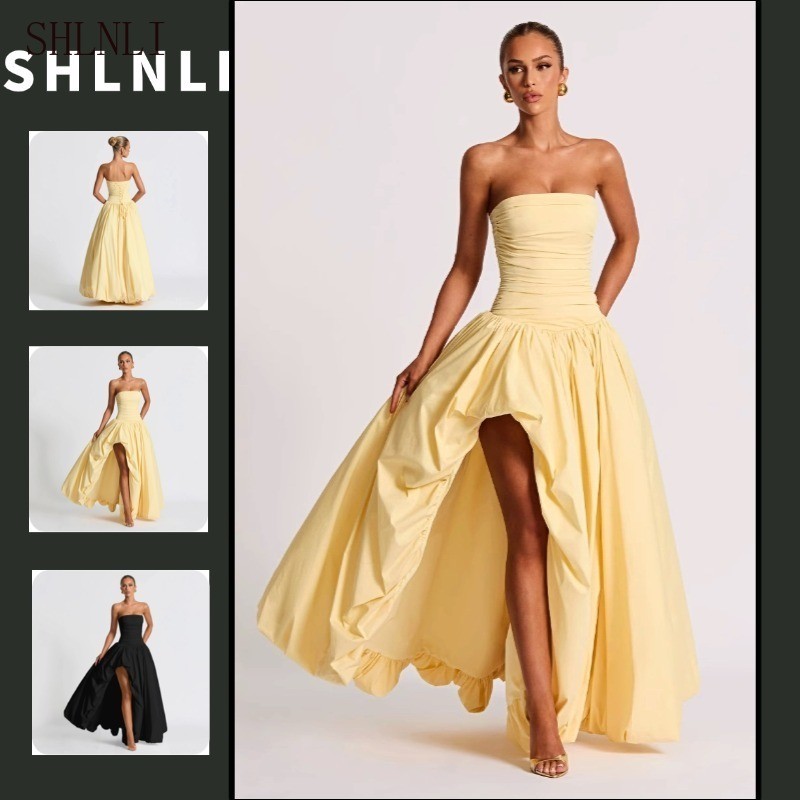 ผู้หญิง Strapless Ruched Bodce High Slit Voluminous Maxi ชุด Flowy กระโปรงชุดราตรี