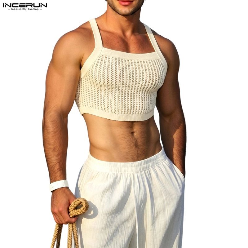 INCERUN Men Vintage Vacation Style Square Neck Sleeve Hollow Out Texture Cropped Tanks