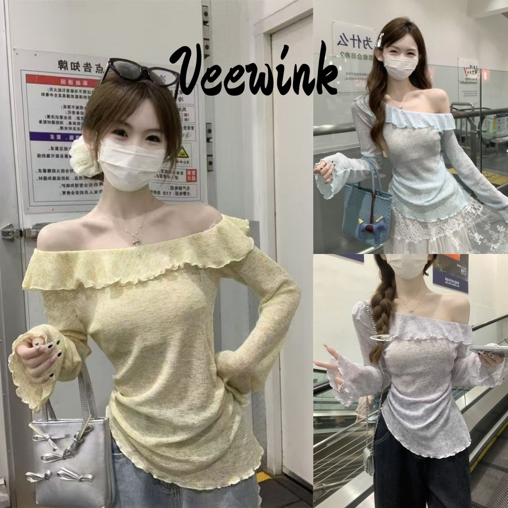 Veewink เสื้อถักแขนยาวเปิดไหล่ระบาย ทรงเข้ารูป หวานแซ่บ ลุคใสเซ็กซี่ ดีไซน์เก๋ ใส่แล้วปัง