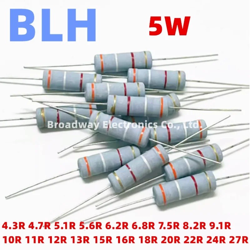10PCS 5W Carbon Film Resistor 5% 4.3R 4.7R 5.1R 5.6R 6.2R 6.8R 7.5R 8.2R 9.1R 10R 11R 12R 13R 15R 16
