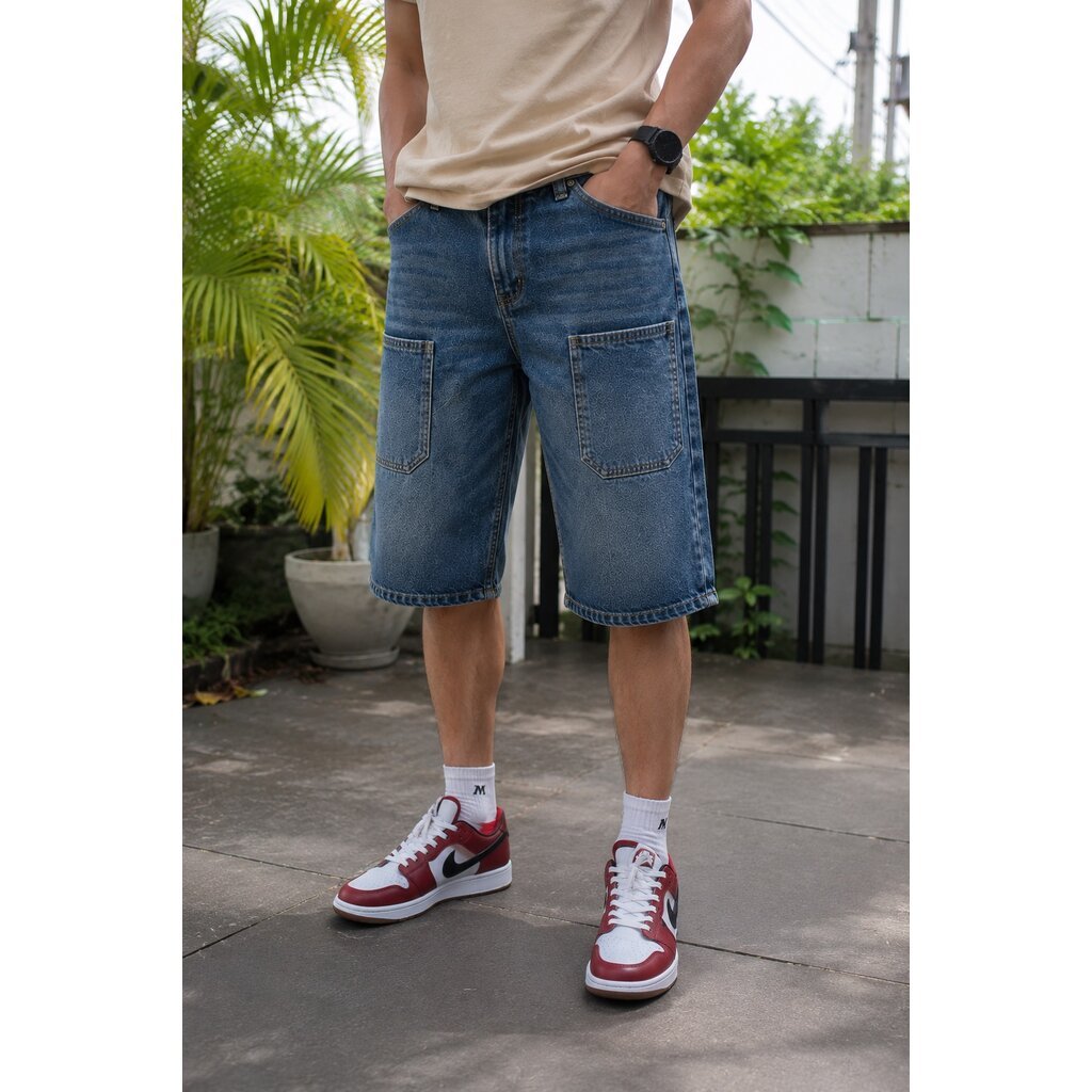 ManoJeans กางเกงยีนส์ขาสั้น สามส่วน ชาย กางเกงขาสั้นคาร์โก้ ผ้ายีนส์ 12ออนซ์ ไม่ยืด ใส่สบาย