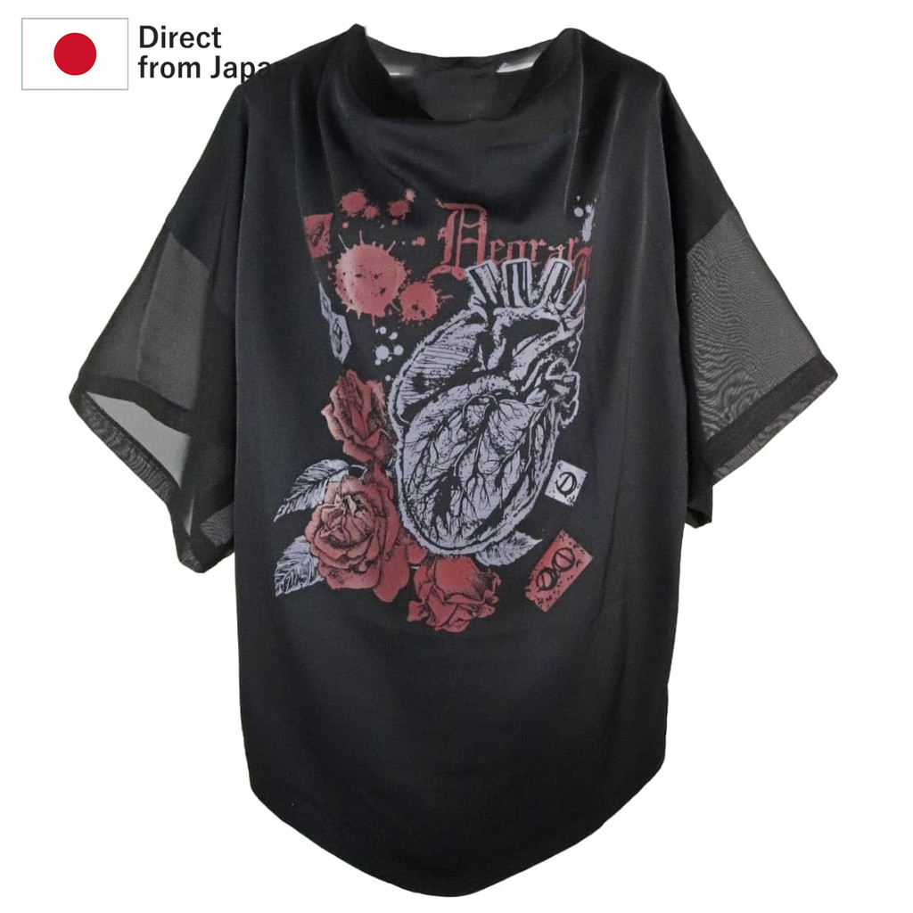 แบรนด์ญี่ปุ่น Deorart เสื้อยืดคอเดรปแขนซีทรู [ROSE กุหลาบ หัวใจ] สไตล์โกธิคโมเดิร์น ลุคดาร์ก ยูนิเซ็