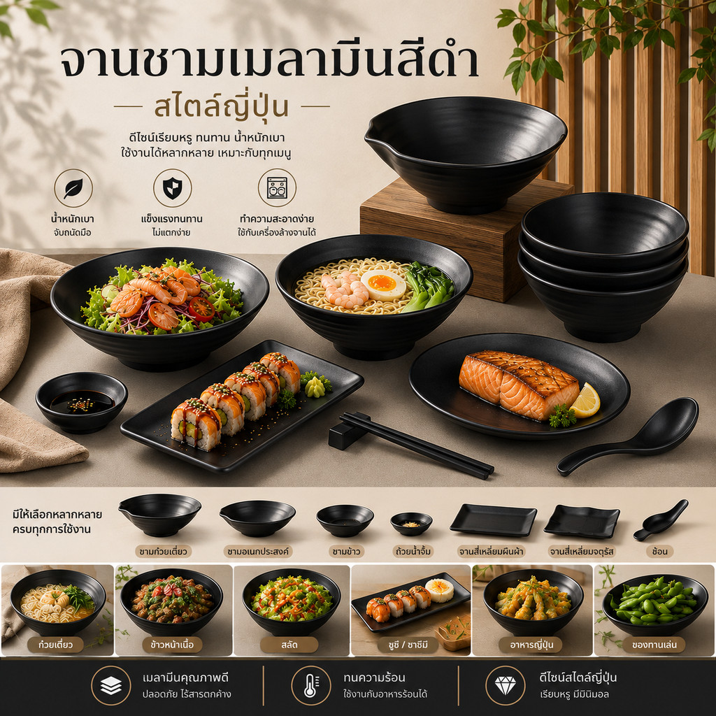 จานชามเมลามีน จานเมลามีน ทรงกลมแบน สีดํา สไตล์ญี่ปุ่น สําหรับใส่อาหาร ซูชิ #AQ-0024