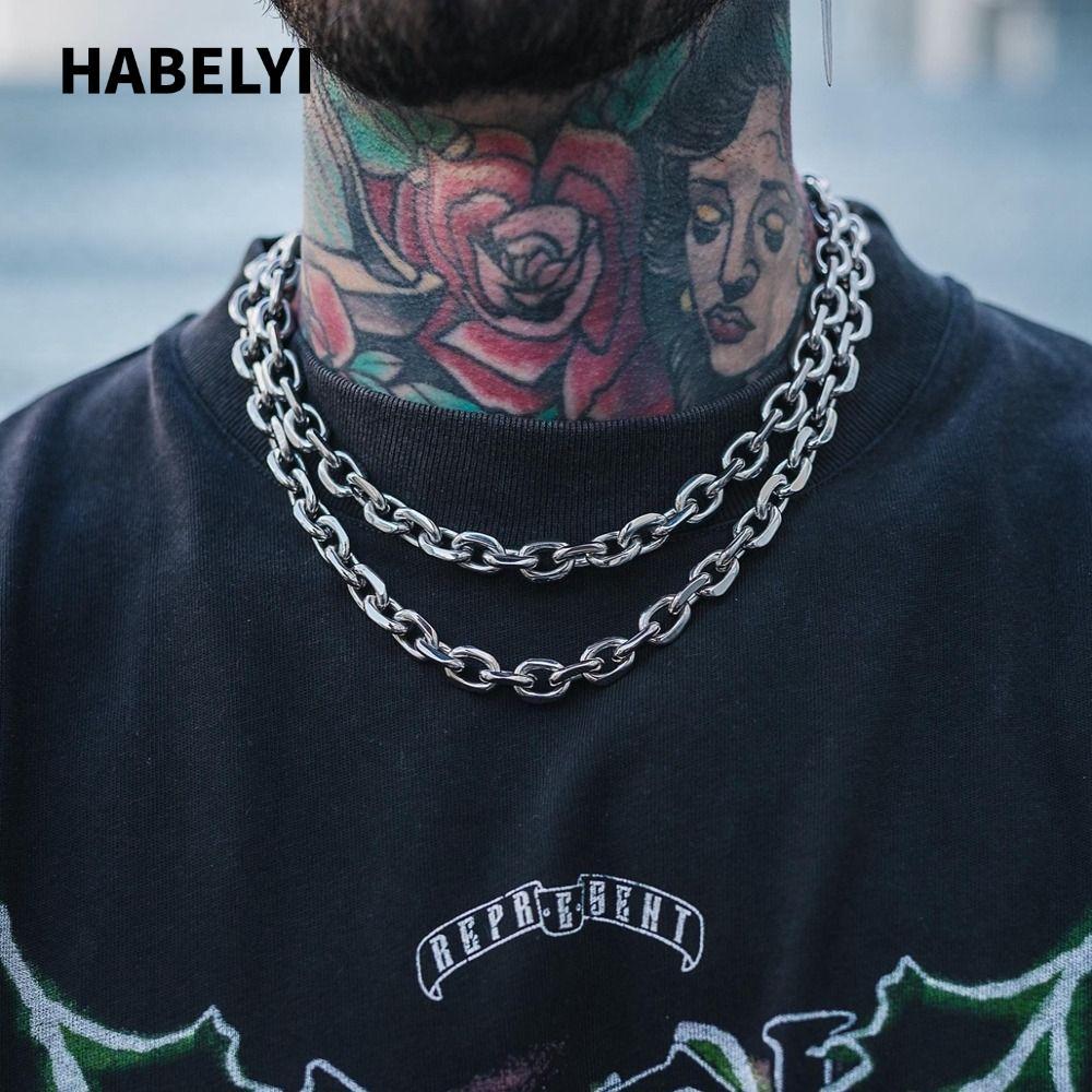 HABELYI Cable Link Chain Necklace, Chunky Design Stainless Steel Cable Necklace, Unisex Style Silver