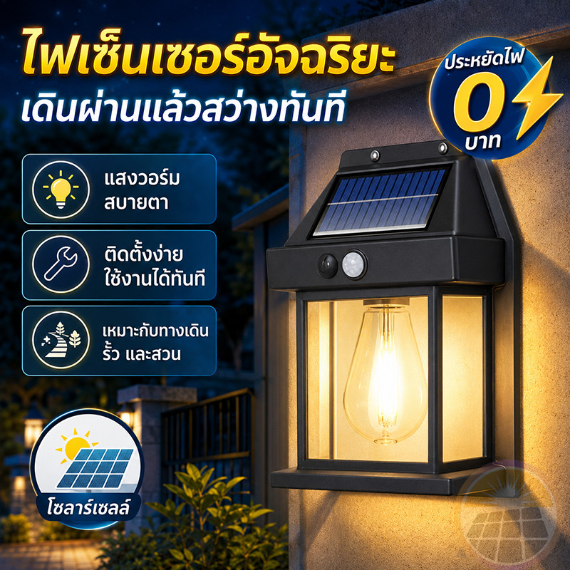 ไฟติดผนังโซล่าเซลล์ 3โหมด ไฟ โซล่าเซลล์ โคมไฟ ติดผนัง วอร์มไวท์ led กันน้ํา ไฟแต่งสวนโซล่าเซลล์ ไฟเปิดปิดอัตโนมัติ