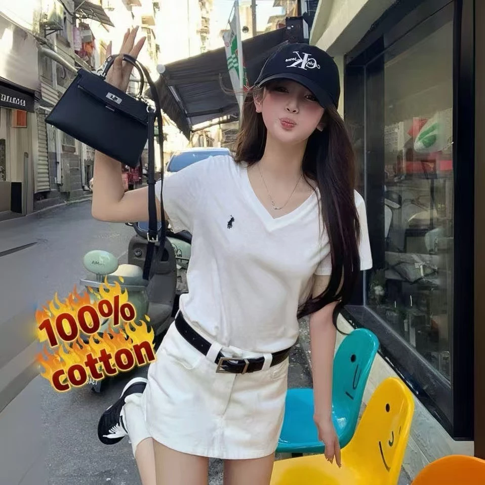 100%cotton เสื้อยืดเบสิคปัก เสื้อยืดผู้หญิง เสื้อเเขนสั้น เข้ากับทุกสไตล์ แบบหลวม