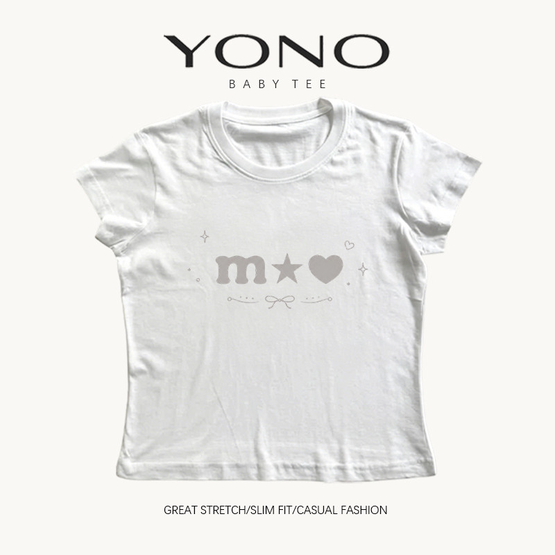(พร้อมส่ง24ชม) YONO เสื้อยืดผู้หญิง Baby Tee ทรงเข้ารูปคอกลมแขนสั้น ลายตัวอักษร ดาว หัวใจ และโบว์ มินิมอล Y2K