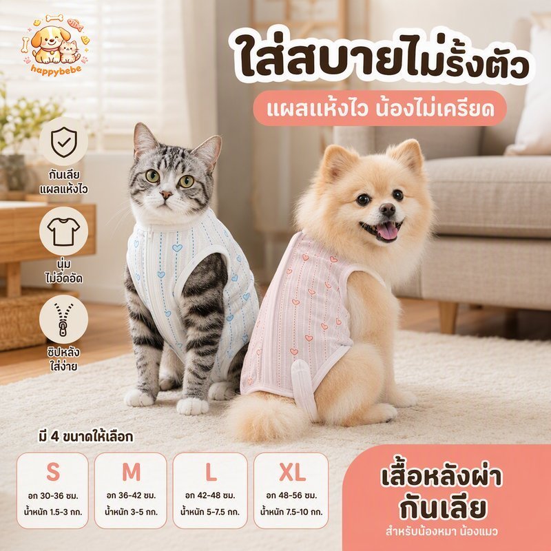 เสื้อหลังผ่าตัด แมว สุนัข ชุดทำหมัน กันเลียแผล ผ้ายืดนิ่ม ระบายอากาศ สวมง่าย ตีนตุ๊กแก