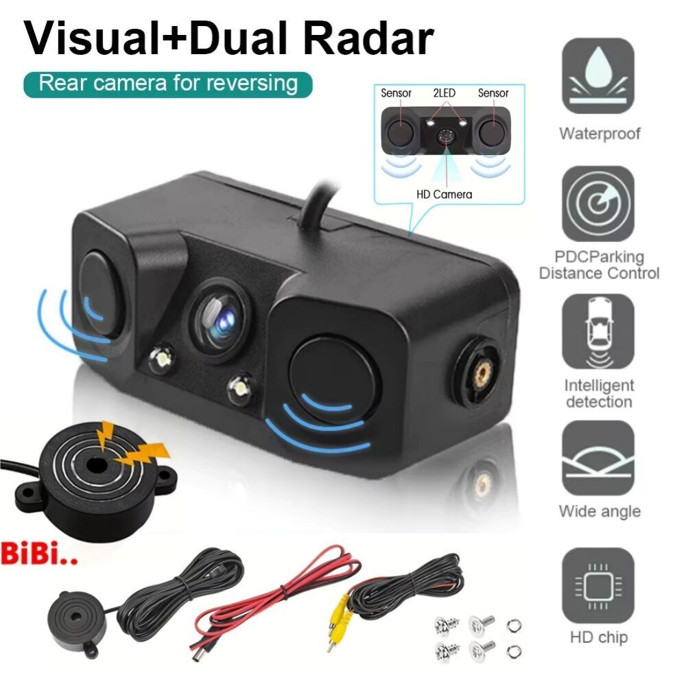 CVBS/AHD 12V 3-in-1 รถด้านหลังย้อนกลับกล้องสํารองพร้อมเซ็นเซอร์เรดาร์ที่จอดรถ Beeper Night View สําห