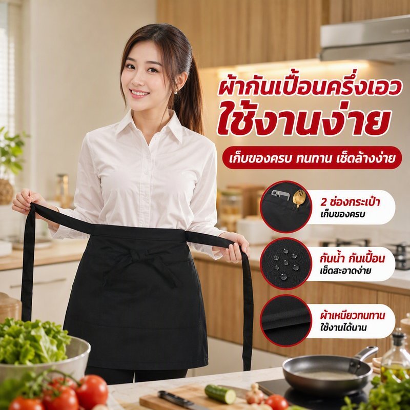 ผ้ากันเปื้อนครึ่งเอว ไนลอน กันน้ำ สีดำ ทรงสั้น Unisex สายผูกเอว สองกระเป๋า สำหรับทำอาหาร บาริสต้า