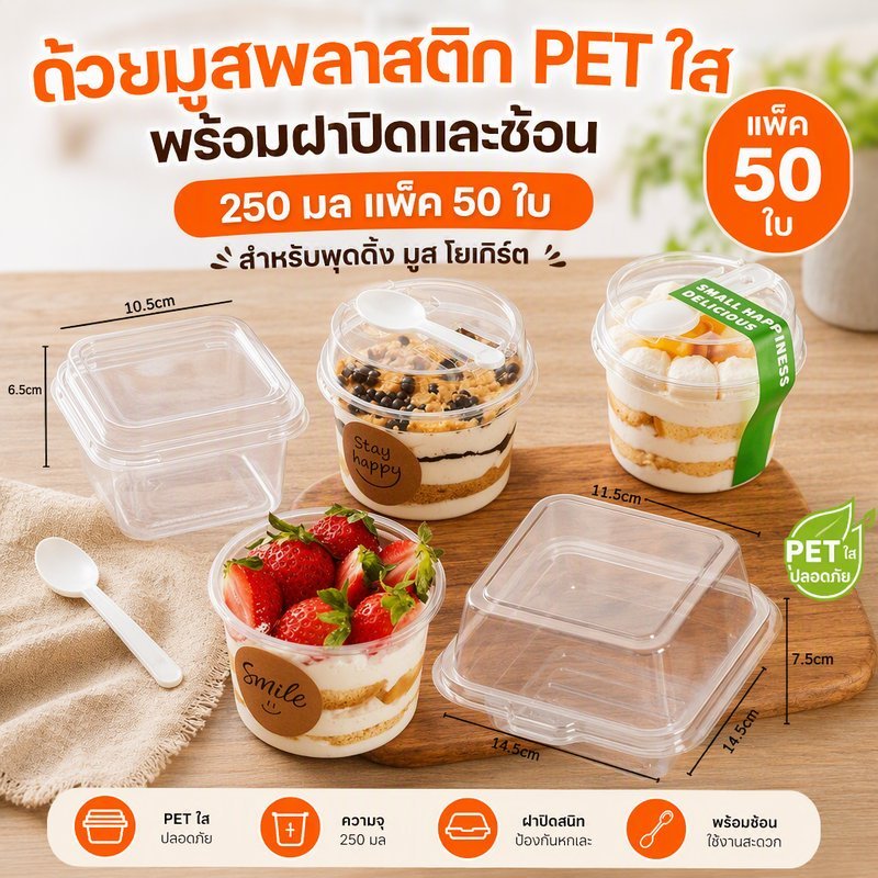 ถ้วยมูสพลาสติก PET ใส พร้อมฝาปิดและช้อน 250 มล แพ็ค 50 ใบ สำหรับพุดดิ้ง มูส โยเกิร์ต