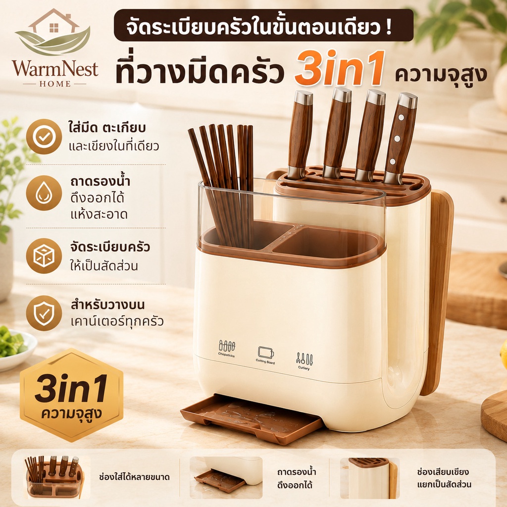 ที่วางมีดครัว 3in1 ความจุสูง พร้อมที่ใส่ตะเกียบและเขียง ชั้นวางของในครัวอเนกประสงค์ สำหรับวางบนเคาน์เตอร์ จัดระเบียบครัว