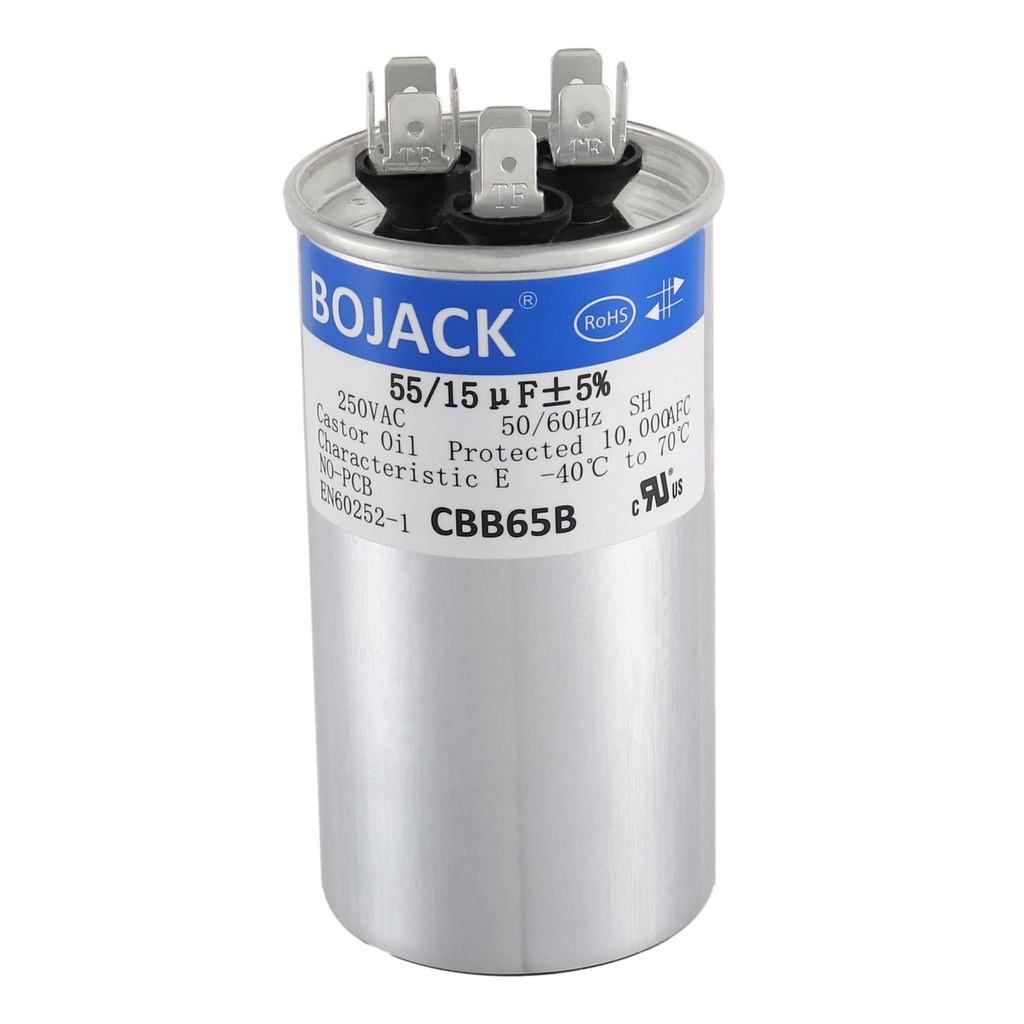 BOJACK 55+15 uF 55/15 MFD ±5% 250V CBB65B Dual Run Circular Start Capacitor สําหรับ AC Motor Run หรื