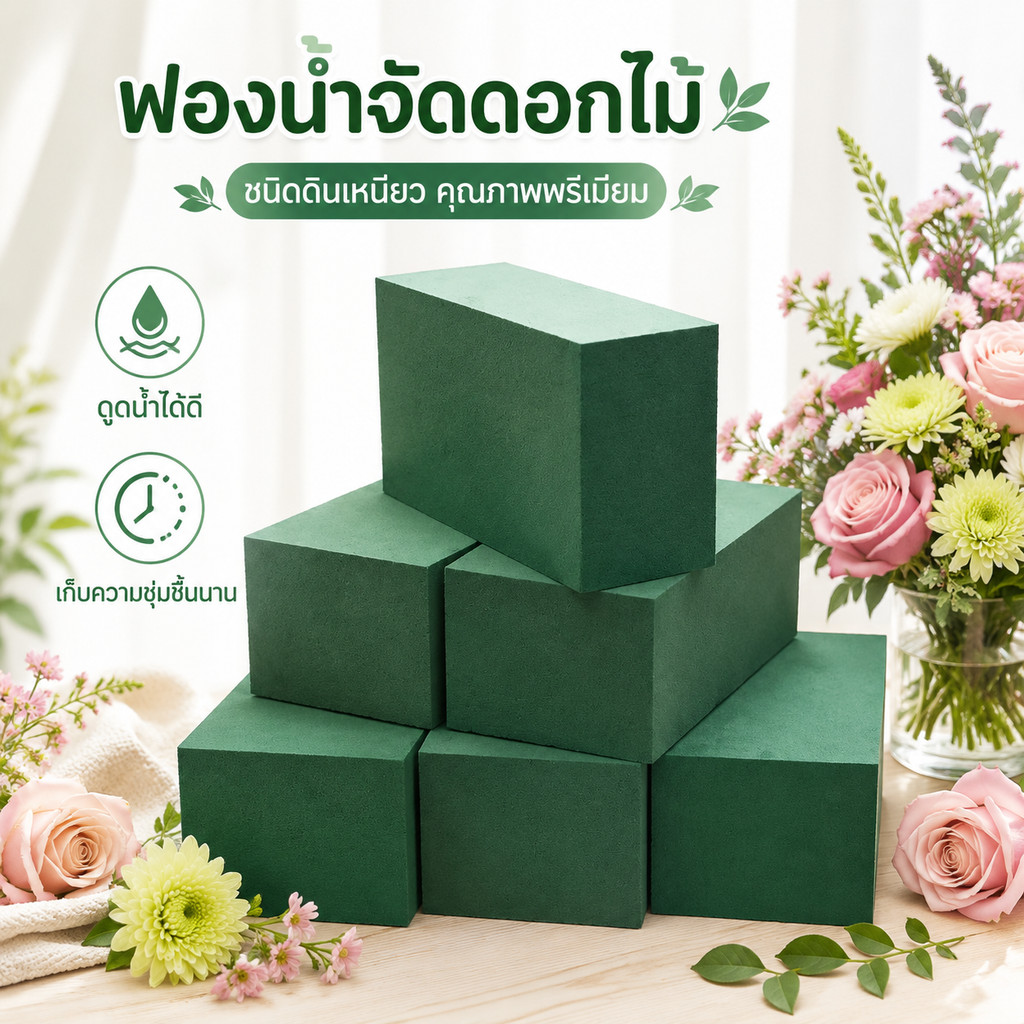 ฟองน้ำจัดดอกไม้ชนิดดินเหนียว ดูดน้ำได้ดี เก็บความชุ่มชื้นนาน เนื้อแน่นแข็งแรง ไม่แตกง่าย ใช้สำหรับกุหลาบ เบญจมาศ