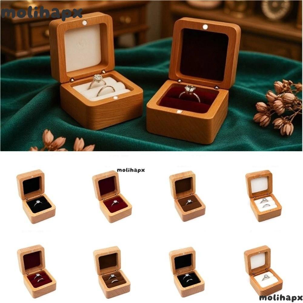MOLIH Ear Studs , Simple Velvet Jewlery Storage Wood Rings Box, Retro Wooden Ring ต่างหูผู้ถือแหวน