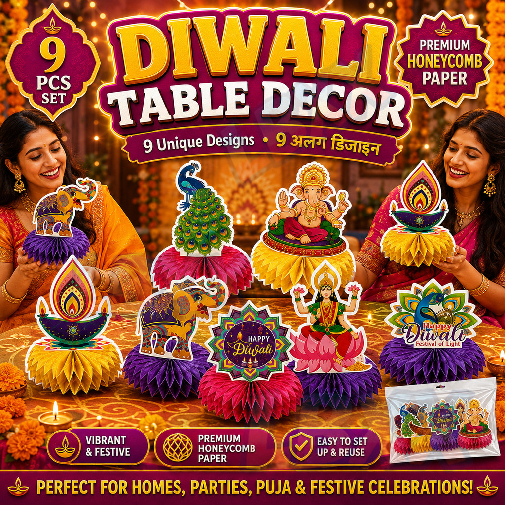 9PCS Diwali ตกแต่ง Deepavali เครื่องประดับตาราง Happy Diwali เทศกาล Party Decor ชุดรังผึ้ง