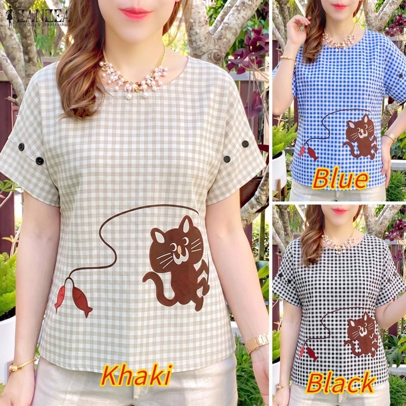 ZANZEA ผู้หญิงเกาหลีวินเทจ Kawaii ลูกเรือคอ Raglan แขนการ์ตูนพิมพ์ลายสก๊อตเสื้อหลวม — صورة 3