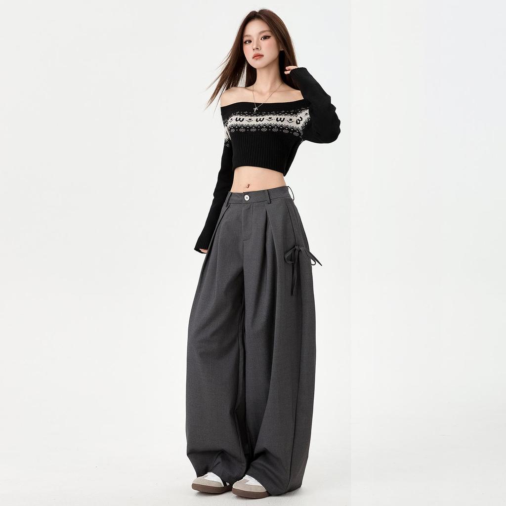 S-6XL กางเกงขายาวทรงขากว้างแบบอเมริกันสำหรับผู้หญิง มีจีบและเชือกผูก ทรงหลวม ช่วยให้ดูผอมเพรียว สวมใส่สบายๆ