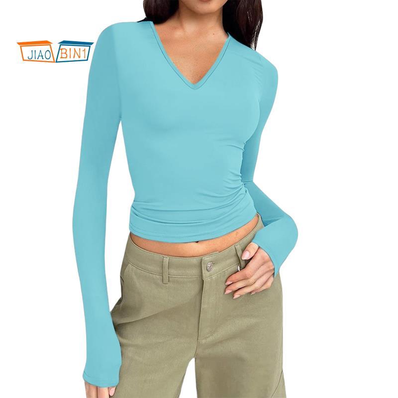 เสื้อแขนยาวอินเทรนด์สําหรับผู้หญิงฤดูใบไม้ร่วงแฟชั่น V คอ Crop Slim Fit Y2K Tops ชุดเสื้อผ้าสีฟ้าอ่อ