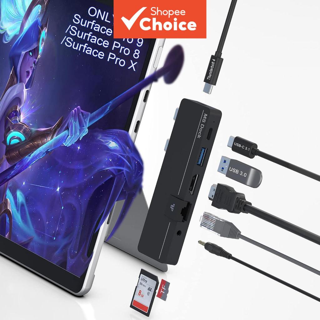 Surface Pro 9 ฮับสถานีเชื่อมต่อ 4K HDMI+USB-C Thunderbolt 100M อีเทอร์เน็ต+เสียง+SD/TF การ์ดรีดเดอร์